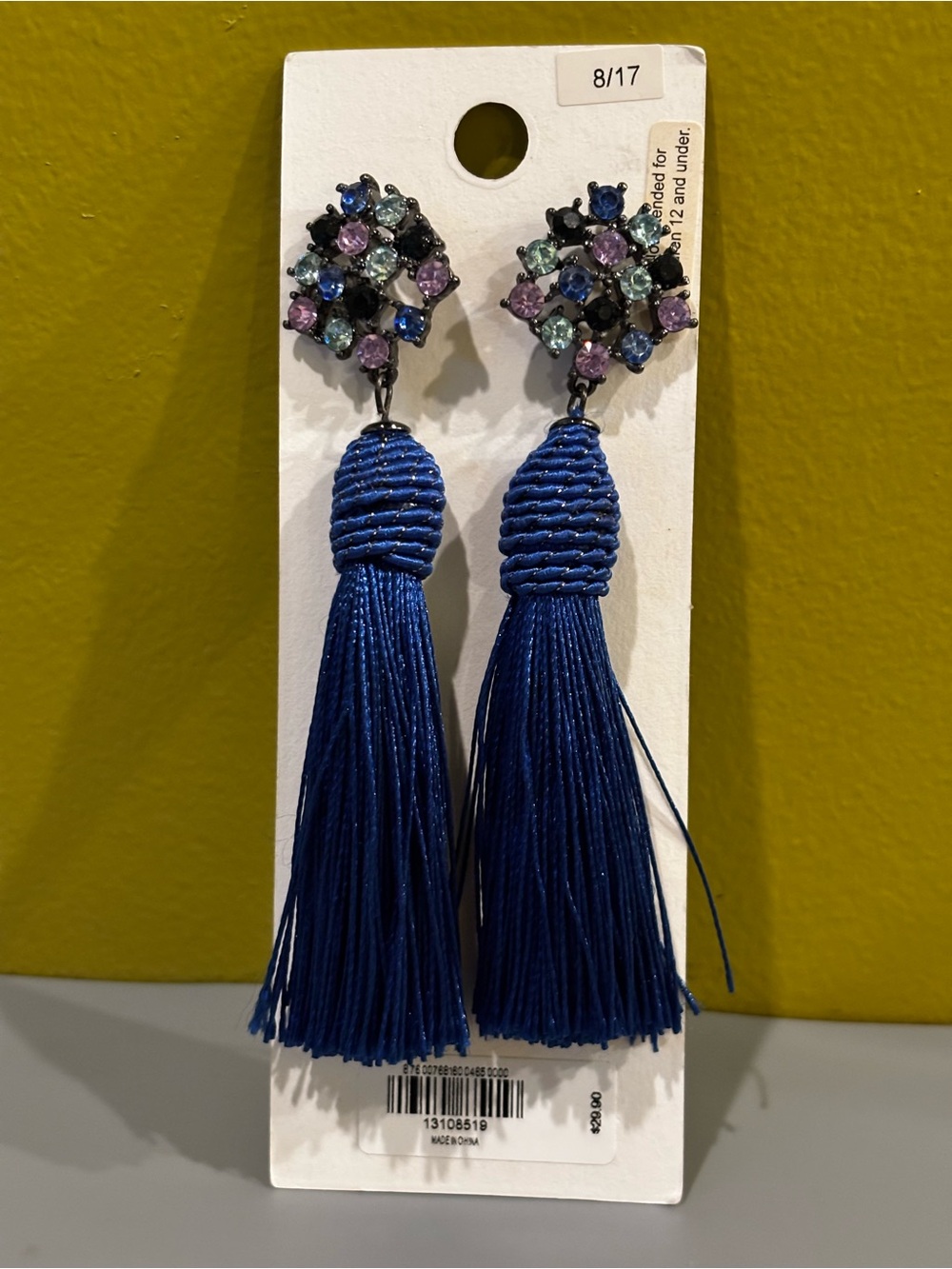 Blue Tassel Drop Earrings with Multi-Color Crystal Studs